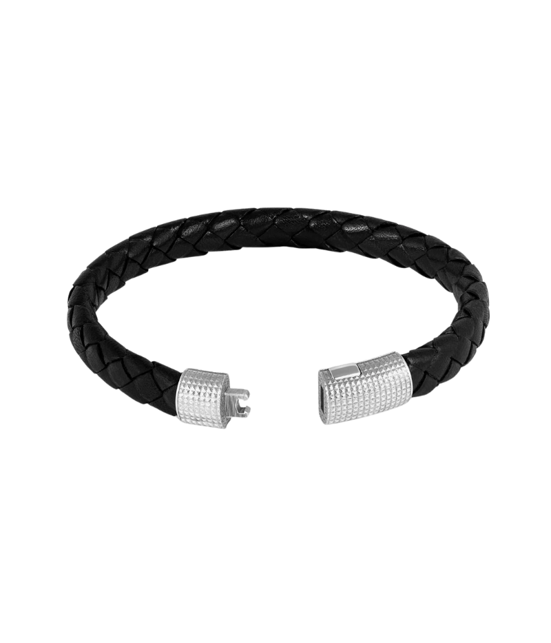 D-shaped cobra clasp bracelet with 3D Giza pattern, sterling silver with rhodium plating, and black braided leather. Available in medium, and large.
