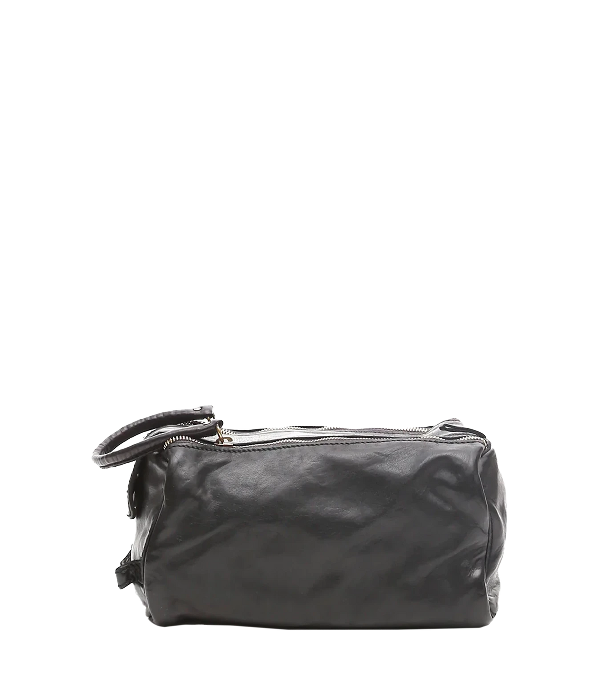 Side view of Campomaggi Leather Toiletries Bag in Black showing the zip top and side wrist strap
