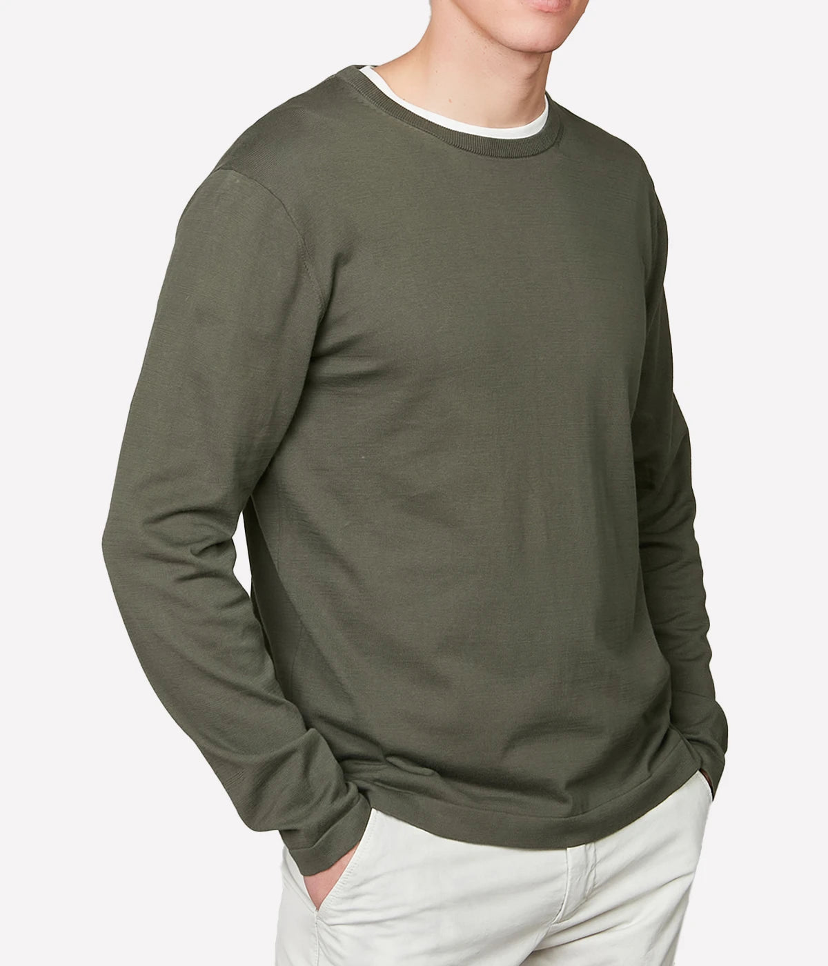 Light Crew Knitted Pullover in Olive