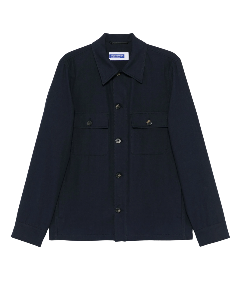 Jacob Cohën navy blue overshirt jacket made from cotton-linen drill, featuring front pockets, real horn buttons, and a hexagonal leather logo patch.