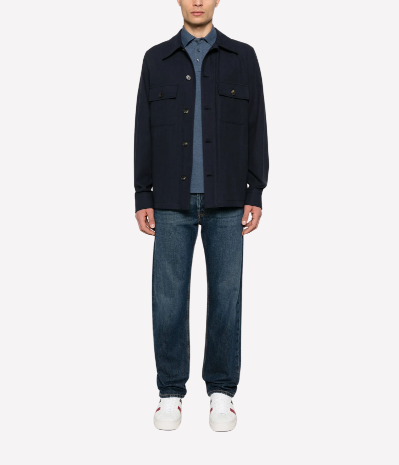 Jacob Cohën navy blue overshirt jacket made from cotton-linen drill, featuring front pockets, real horn buttons, and a hexagonal leather logo patch.