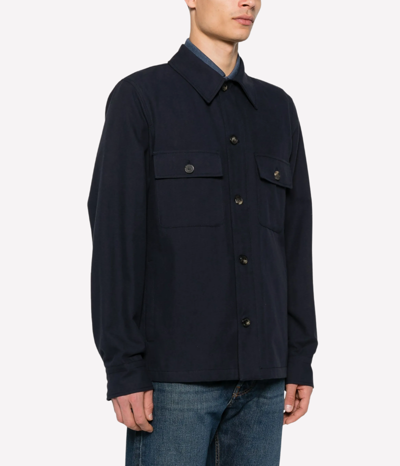 Jacob Cohën navy blue overshirt jacket made from cotton-linen drill, featuring front pockets, real horn buttons, and a hexagonal leather logo patch.