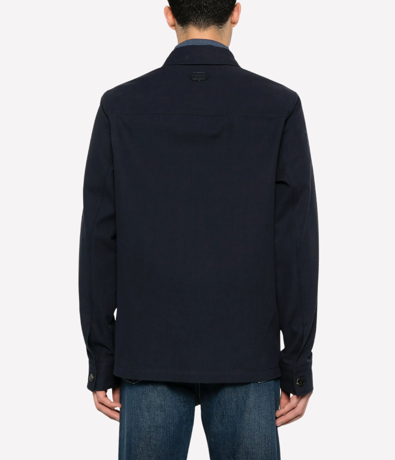 Jacob Cohën navy blue overshirt jacket made from cotton-linen drill, featuring front pockets, real horn buttons, and a hexagonal leather logo patch.