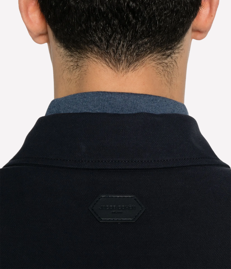 Jacob Cohën navy blue overshirt jacket made from cotton-linen drill, featuring front pockets, real horn buttons, and a hexagonal leather logo patch.