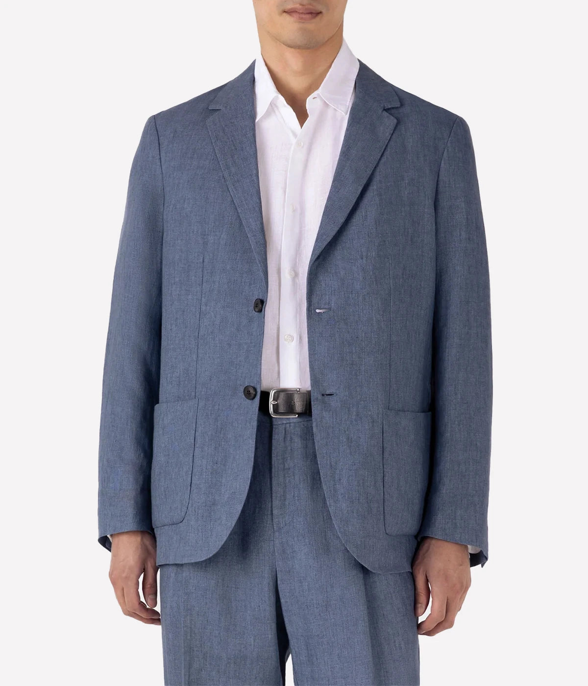 Men’s blue unstructured linen blazer with two-button closure, side pockets, and darted tailoring—crafted from lightweight Italian linen for summer sophistication.
