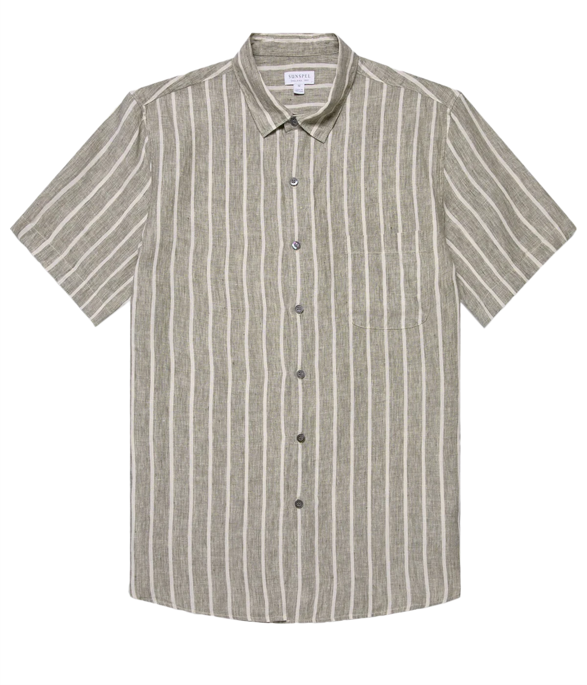 Linen SS Shirt in Dusk Green and Ecru Pinstripe