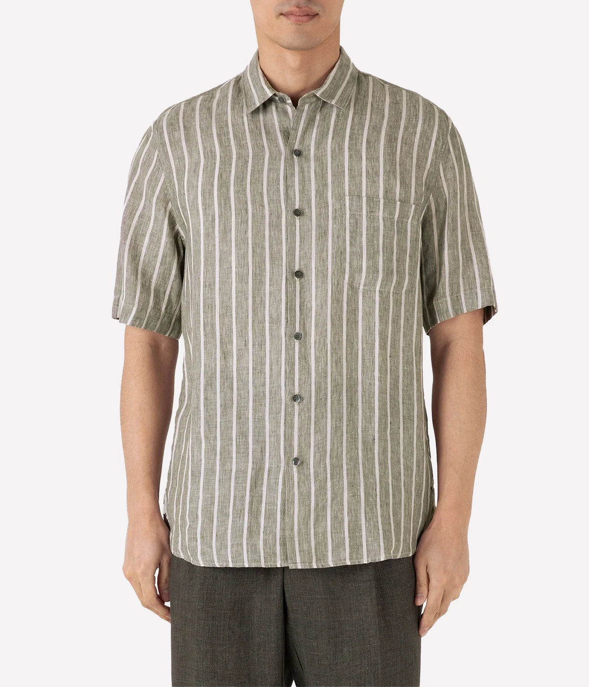 Linen SS Shirt in Dusk Green and Ecru Pinstripe