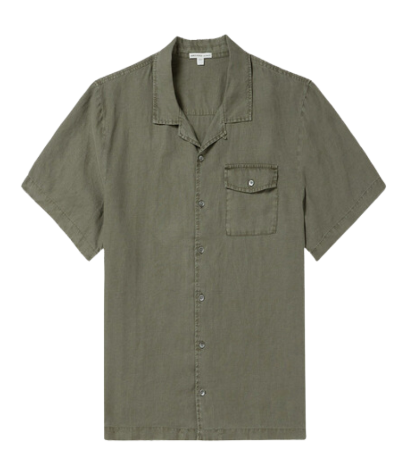 James Perse Linen Short Sleeve Pocket Shirt in palm pigment, crafted from lightweight, breathable linen. The shirt features an open collar, relaxed fit, and a garment-dyed finish for a soft, vintage-inspired look.