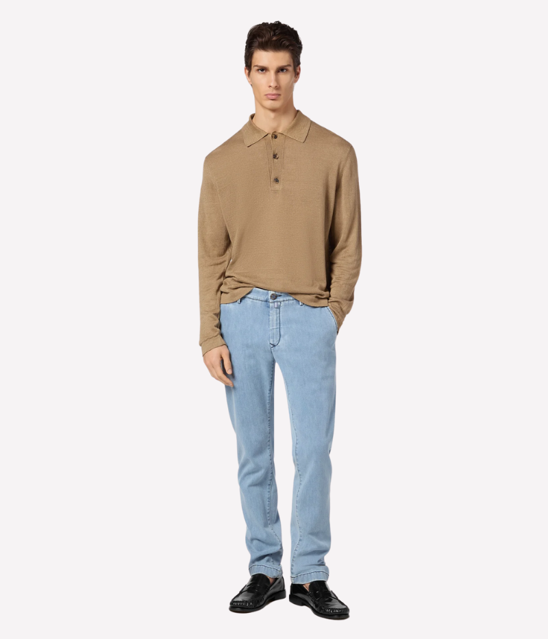 Men’s light camel linen long-sleeve polo shirt by Jacob Cohën featuring real horn buttons and leather logo patch – made in Italy.