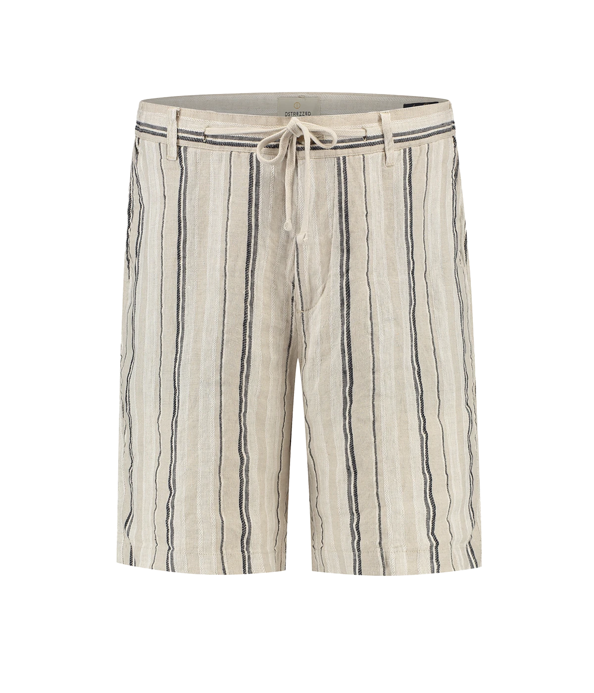Dstrezzed Logan Beach Shorts in Silver Birch – men’s striped linen-cotton shorts with drawstring waist in off-white and navy tones