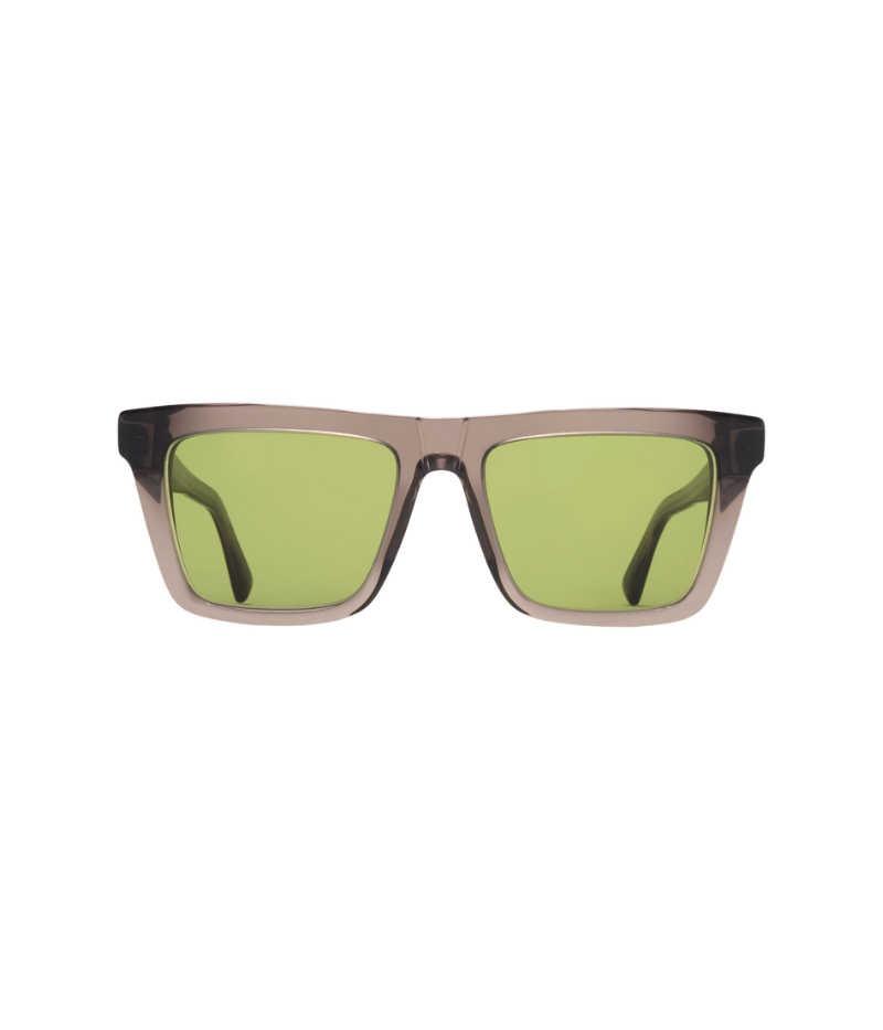 Close-up of the Lome Sun C159 776 sunglasses, featuring a shiny silver square frame and Euphosgreen Solid lenses for a clean, modern look.