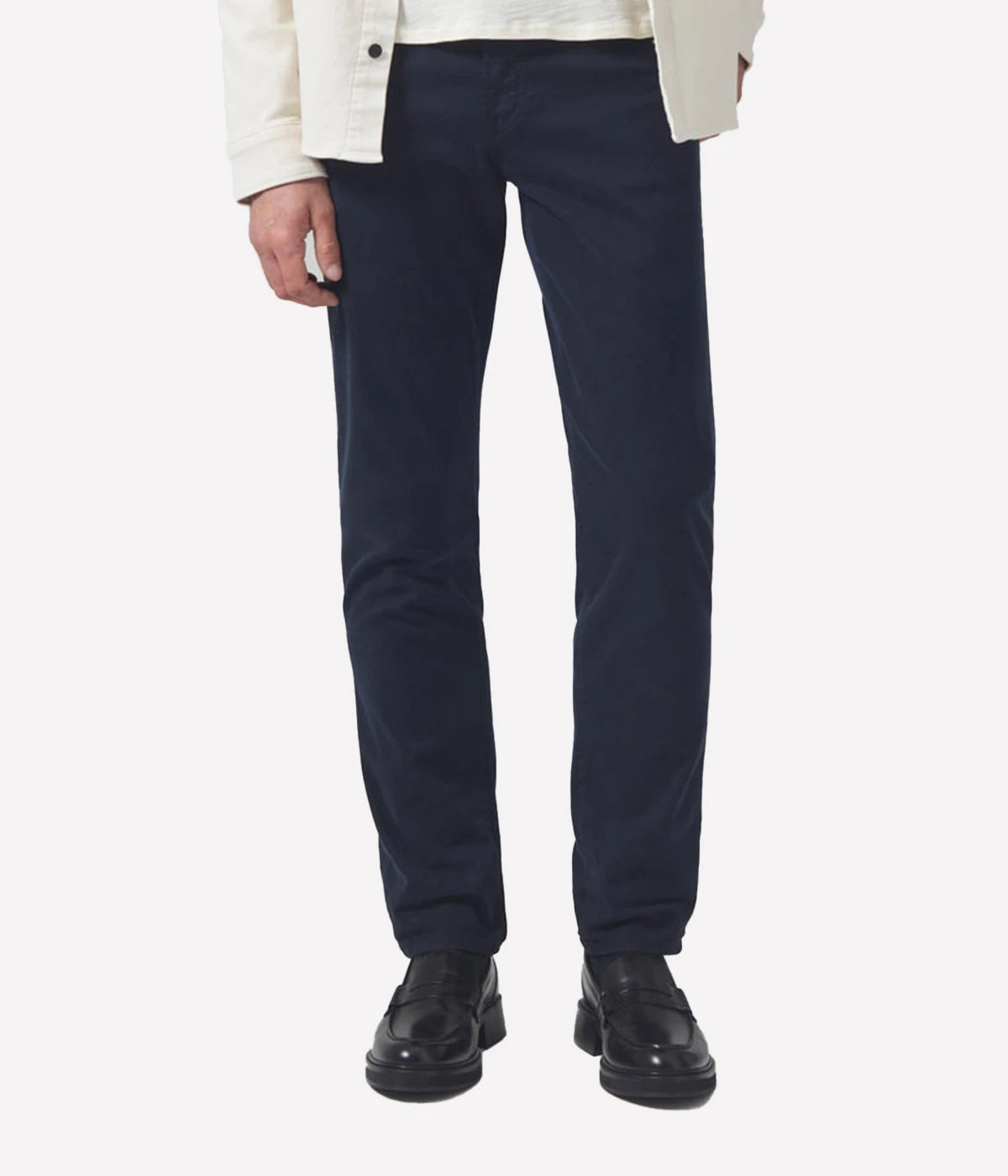 Front view of the London Slim Taper jeans, highlighting their modern silhouette and navy wash.