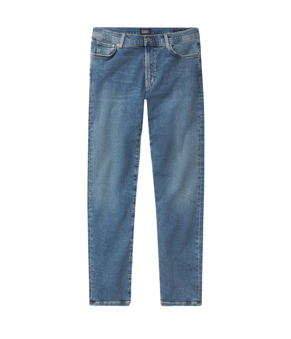 Citizens of Humanity London Jean in Parkland medium indigo wash with subtle fading and whiskering—lightweight stretch denim in a slim tapered fit.