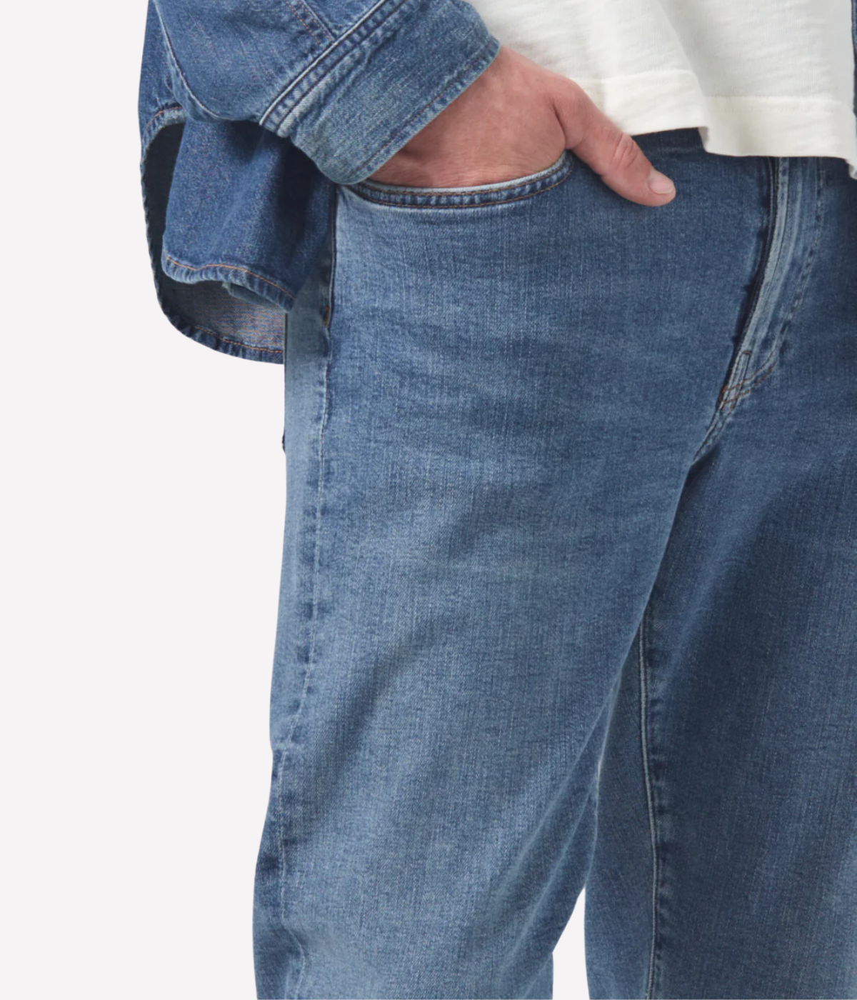 Citizens of Humanity London Jean in Parkland medium indigo wash with subtle fading and whiskering—lightweight stretch denim in a slim tapered fit.