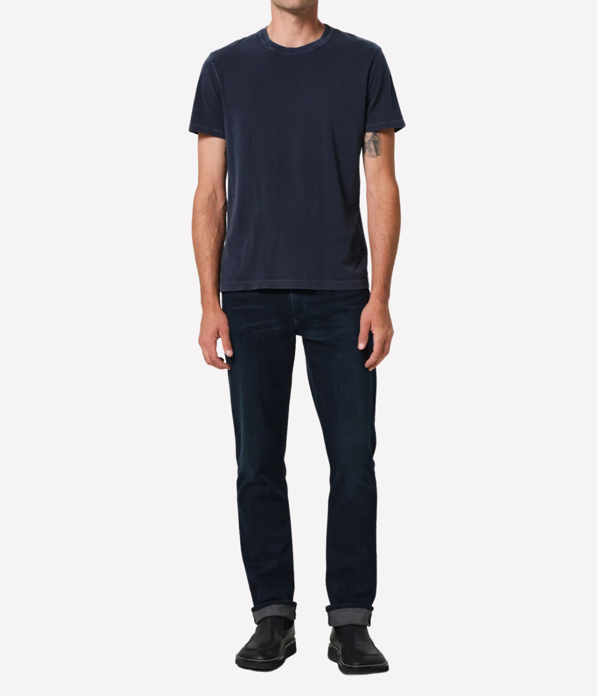 Citizens of Humanity London Jean in dark indigo vintage wash with tonal stitching and light whiskering—lightweight stretch denim in a slim tapered fit.