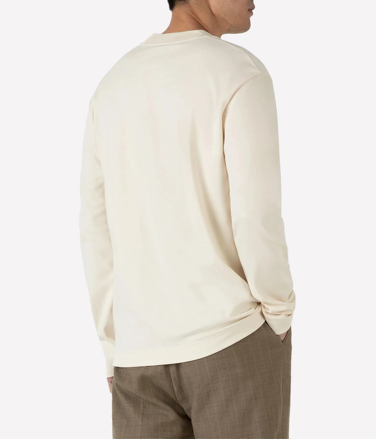 Undyed beige long sleeve shirt for men, made from carbon-brushed Supima cotton. Stylish and versatile winter shirt for layering in a natural, earthy tone.