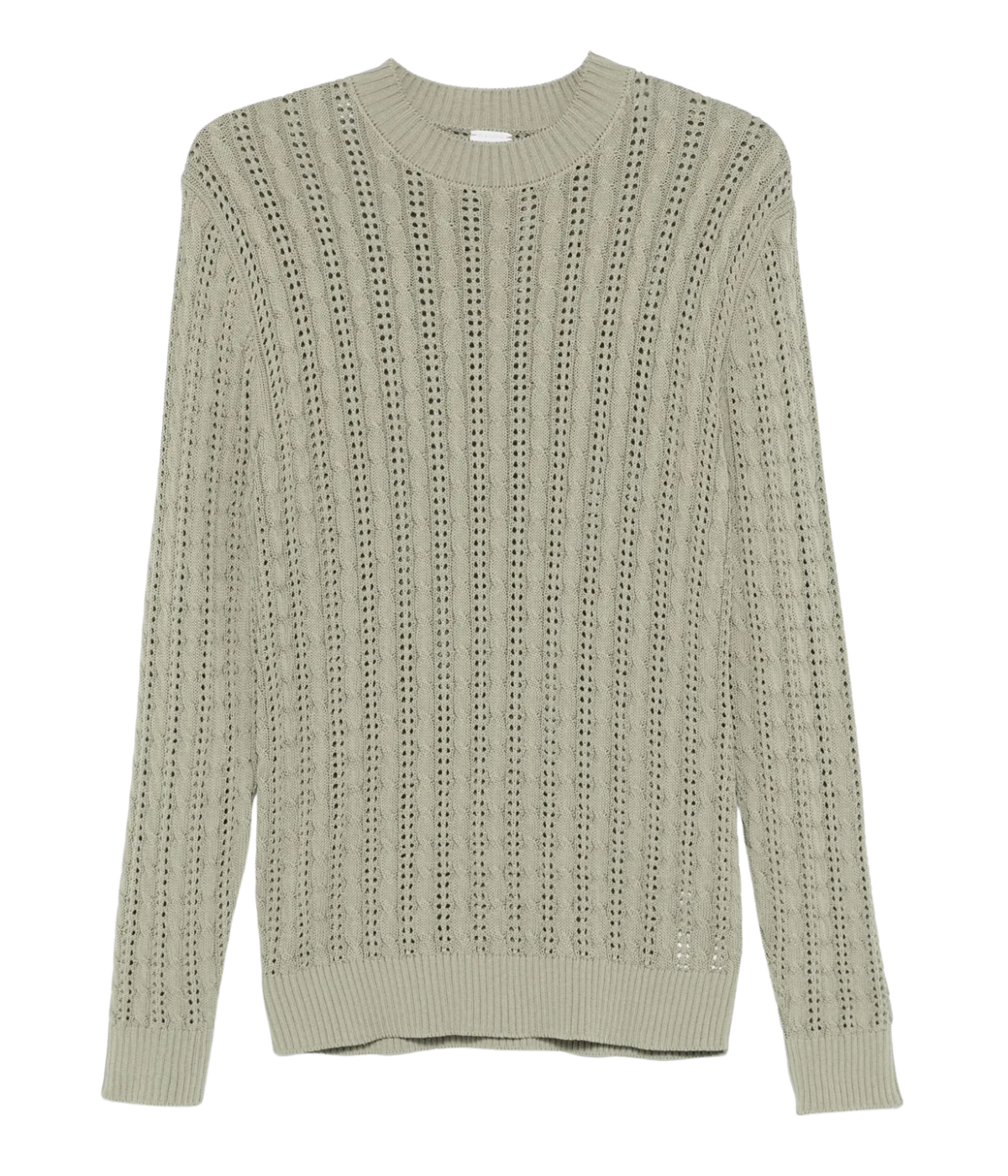 Light green sweater with a textured pattern on a white background