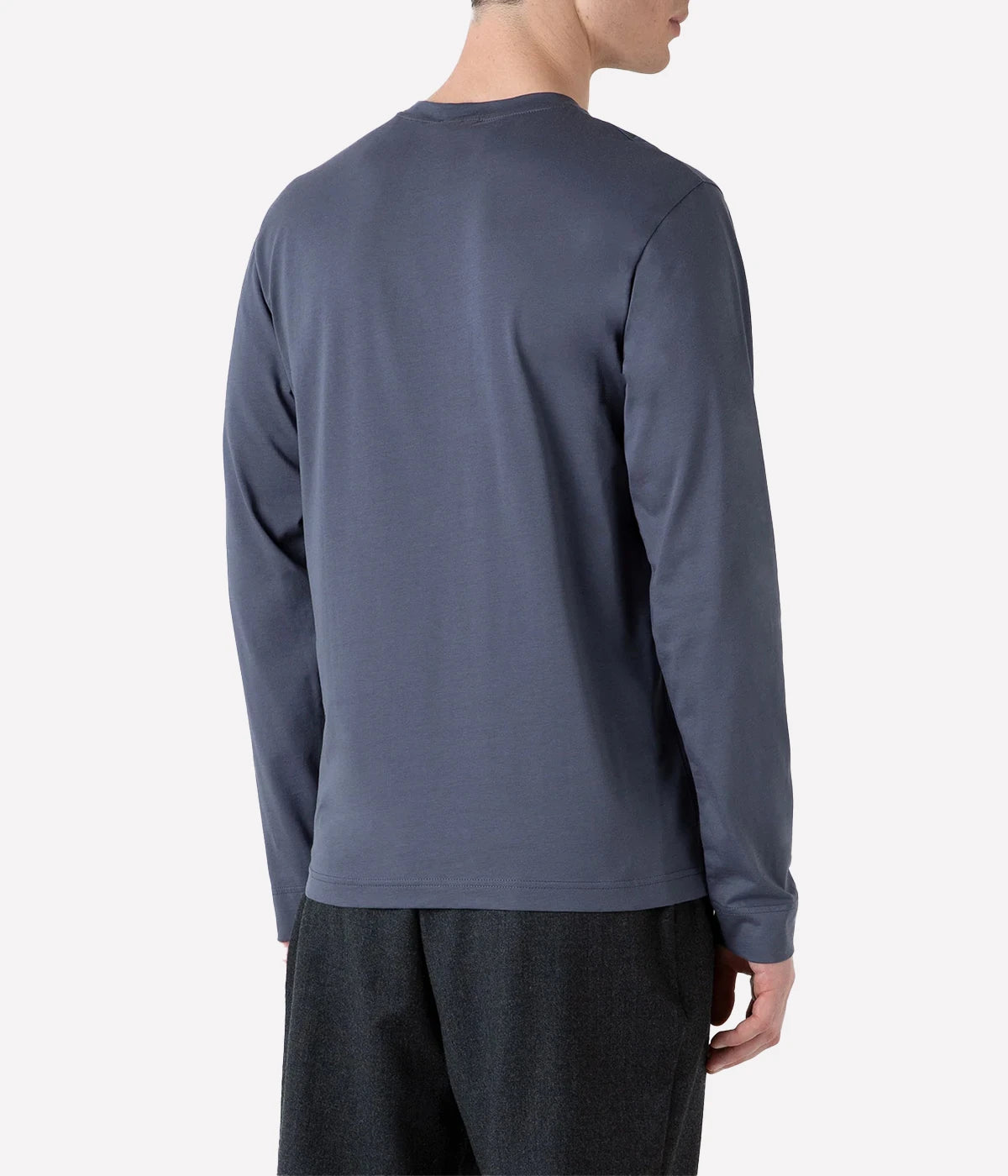 Men’s Slate Blue Long Sleeve Riviera T-Shirt – Luxurious midweight cotton T-shirt in slate blue, inspired by the iconic style worn by James Bond in Casino Royale, perfect for layering or wearing solo in winter.