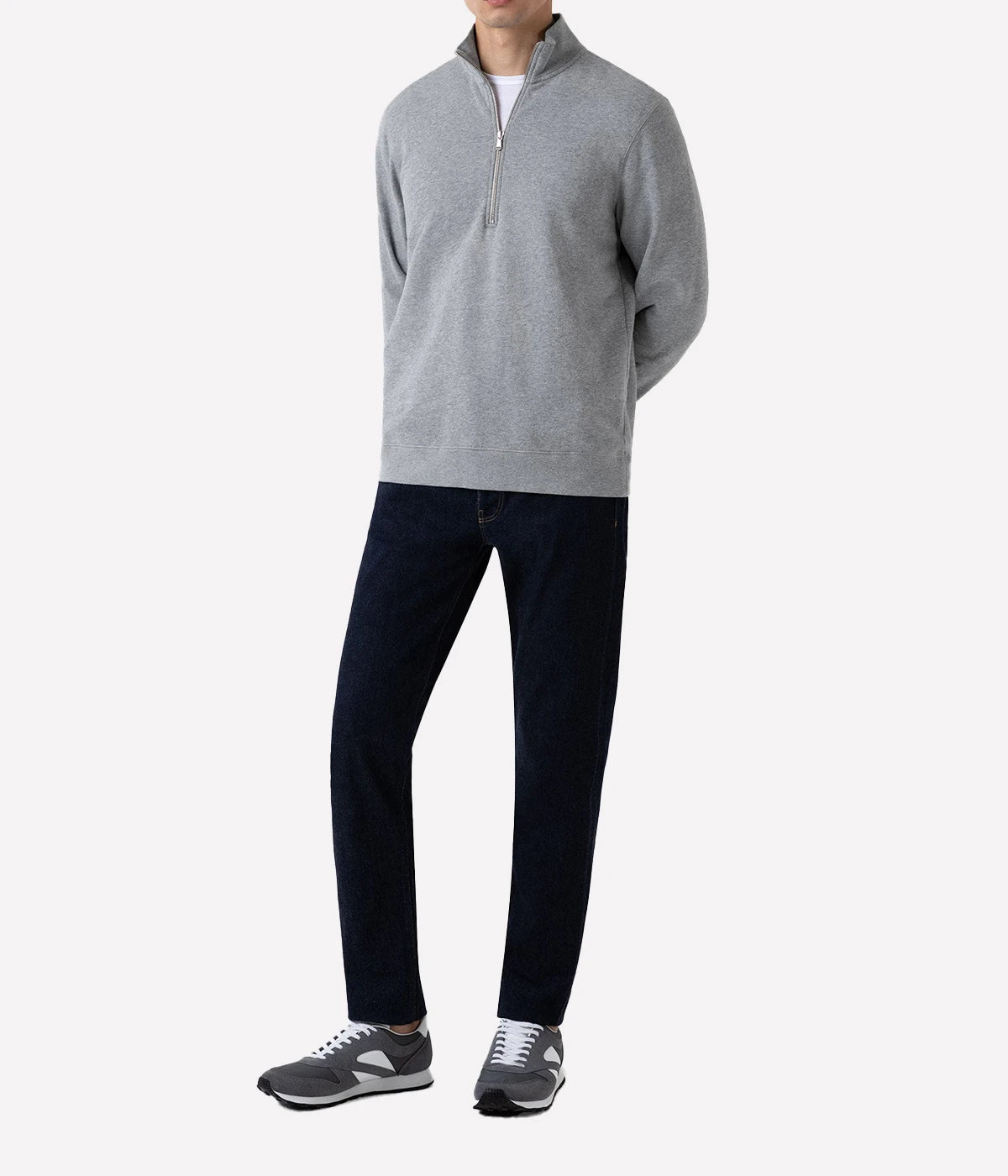 Sunspel half-zip loopback sweatshirt in soft, warm cotton with traditional loop stitch, featuring a relaxed fit and ribbed details, made in Portugal.