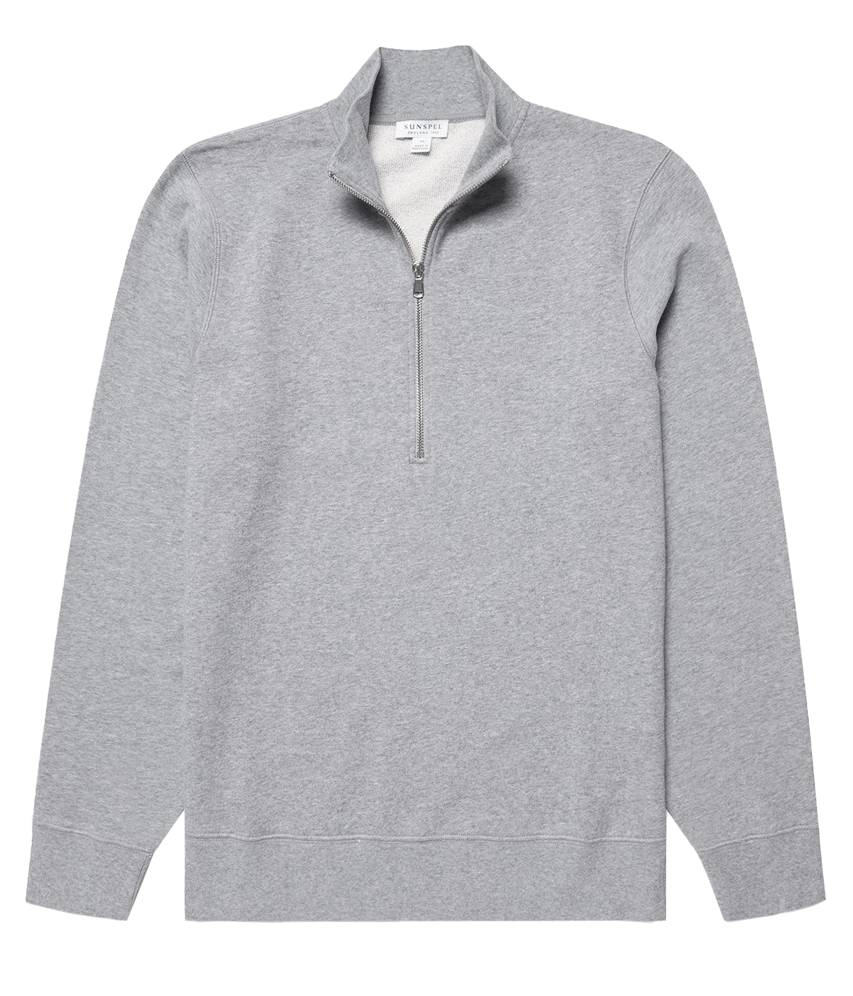 Sunspel half-zip loopback sweatshirt in soft, warm cotton with traditional loop stitch, featuring a relaxed fit and ribbed details, made in Portugal.