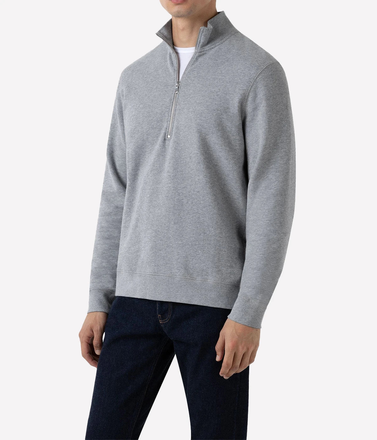 Sunspel half-zip loopback sweatshirt in soft, warm cotton with traditional loop stitch, featuring a relaxed fit and ribbed details, made in Portugal.