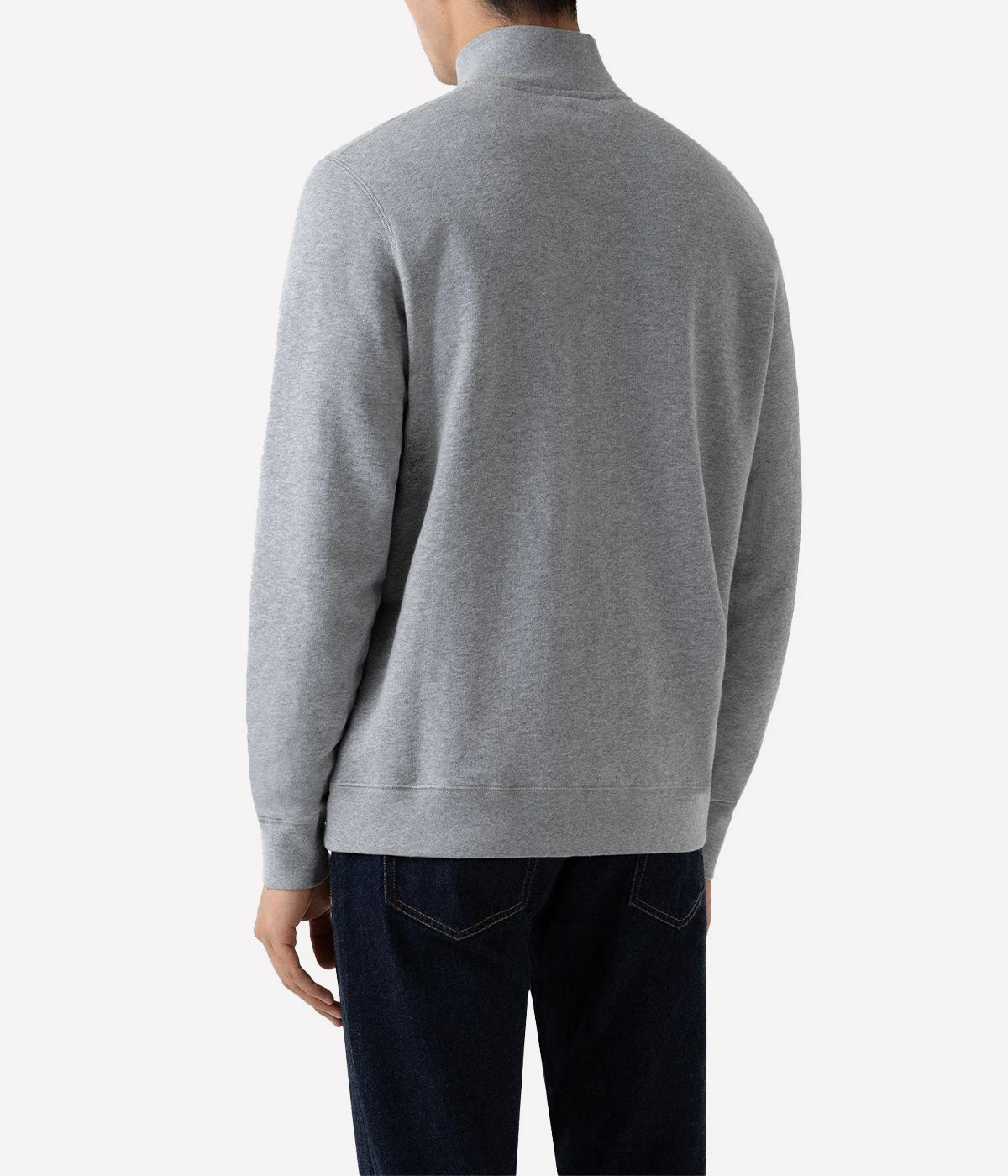 Sunspel half-zip loopback sweatshirt in soft, warm cotton with traditional loop stitch, featuring a relaxed fit and ribbed details, made in Portugal.