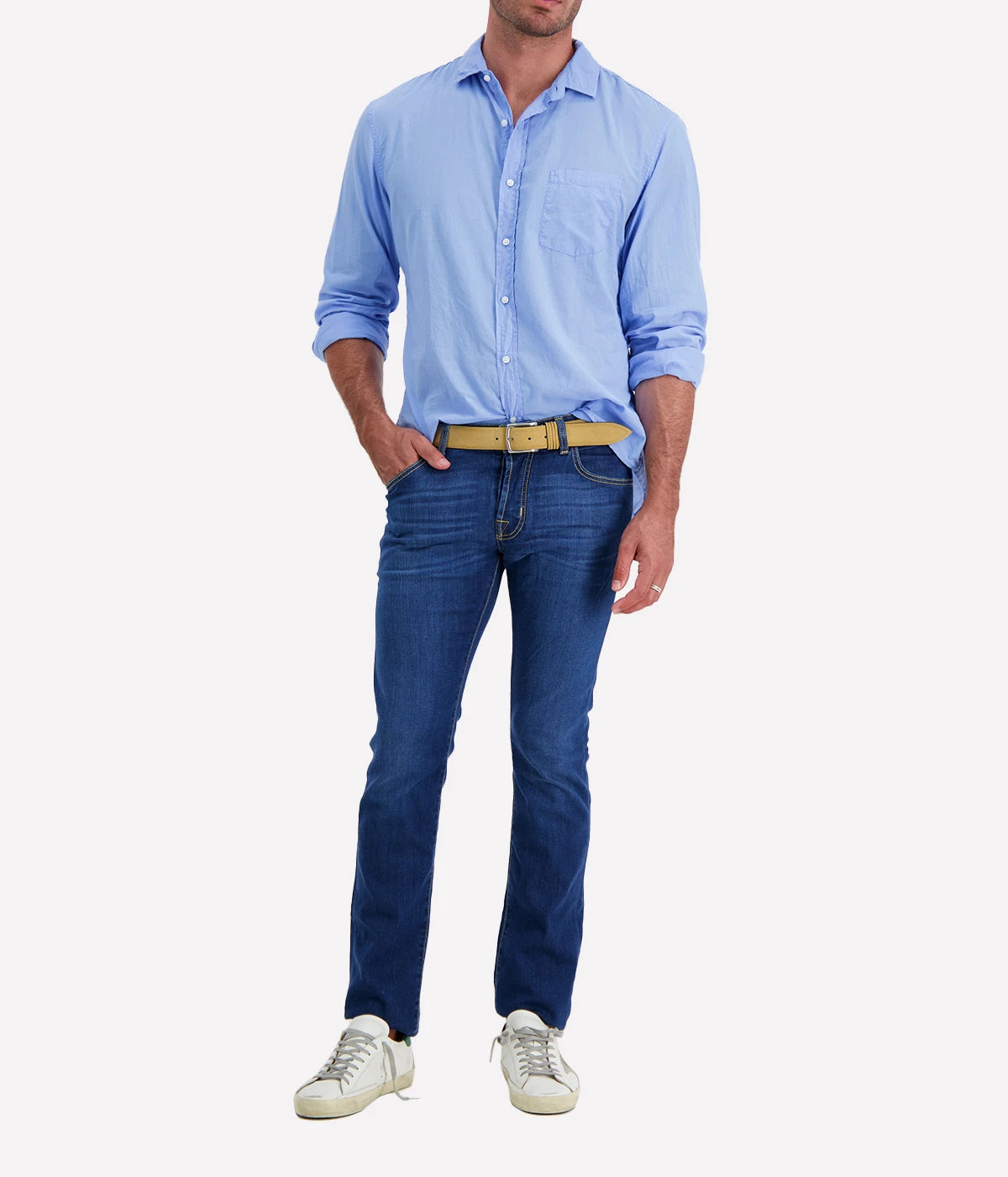 The Luke Woven Button Down Shirt paired with slim trousers and loafers, showcasing its effortless sophistication for everyday wear.