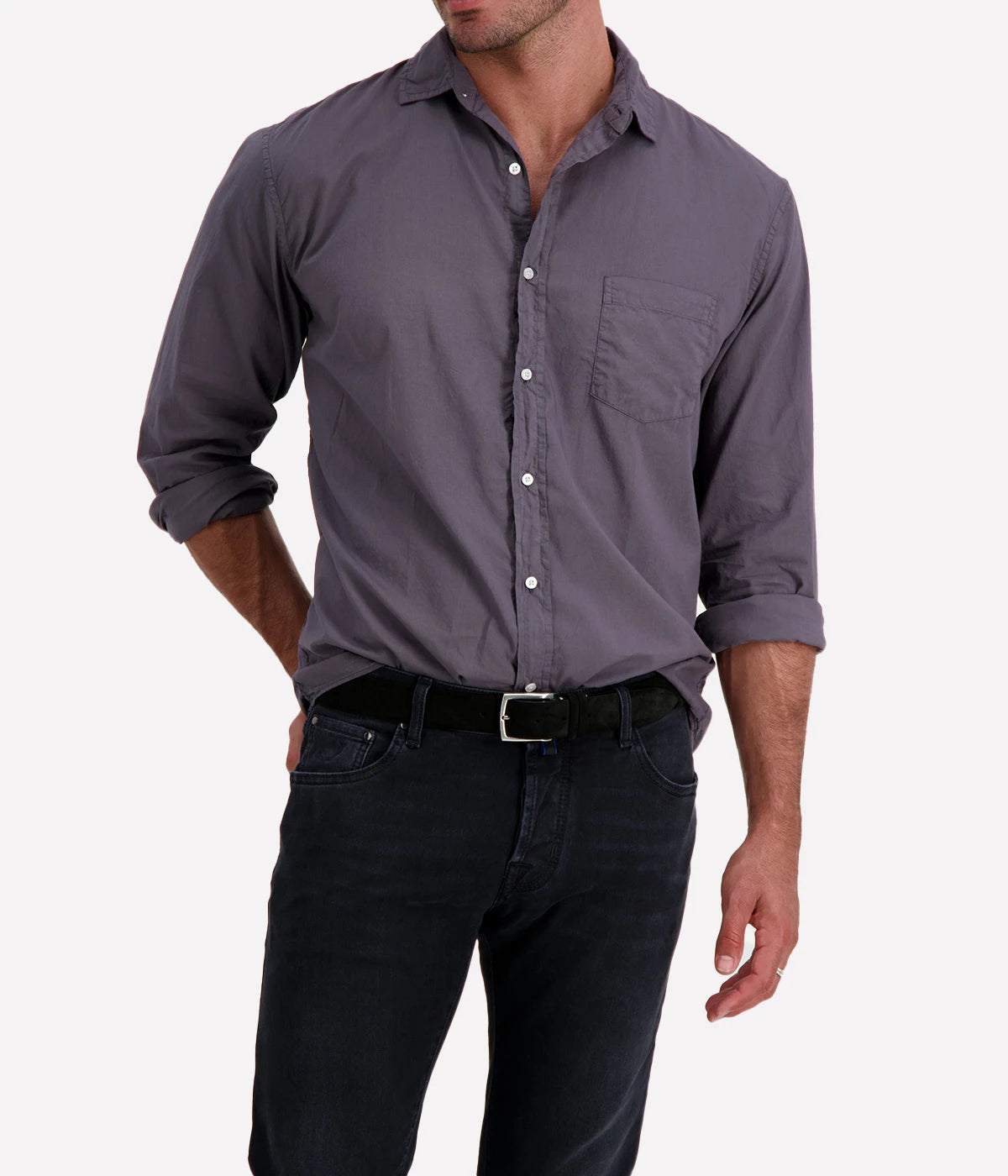 A front view of the Luke Woven Button Down Shirt, showcasing its crisp fabric, button-down collar, and tailored fit.