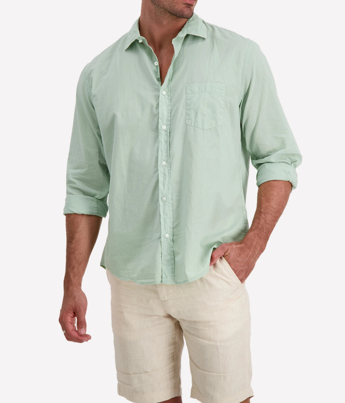 Front view of the Luke Woven Poplin Button-Up shirt, showcasing its light Italian poplin cotton, chest pocket, and fold-over collar.