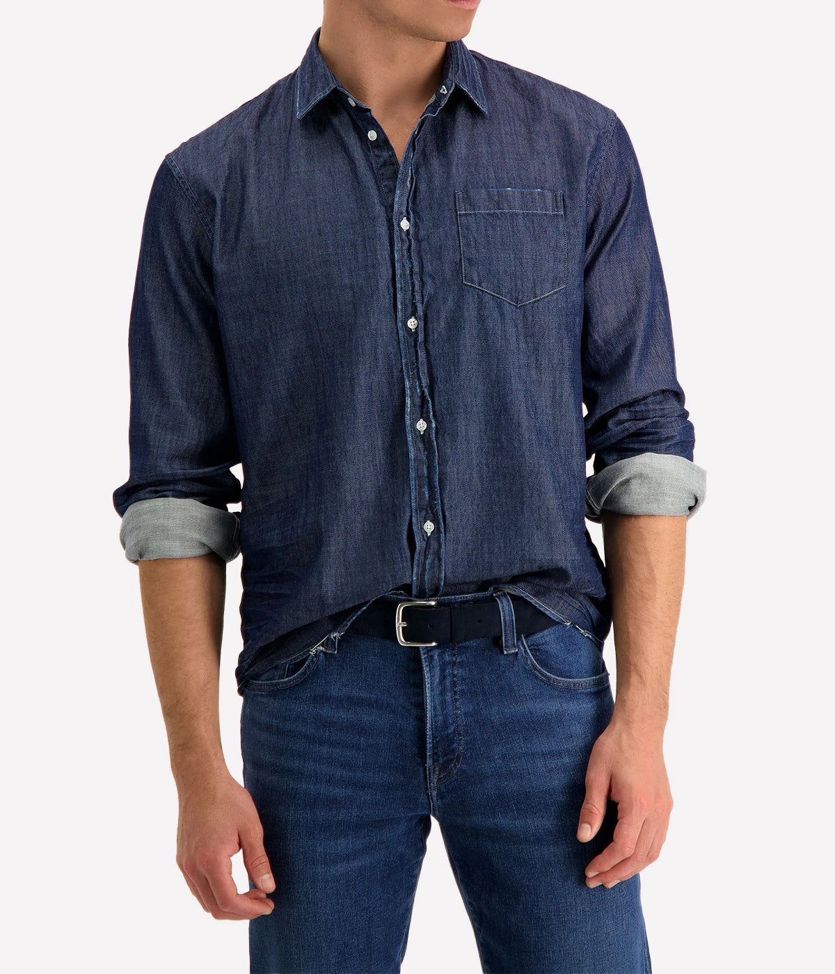 A front view of the Luke Woven Button Down Shirt, showcasing its crisp fabric, button-down collar, and tailored fit.