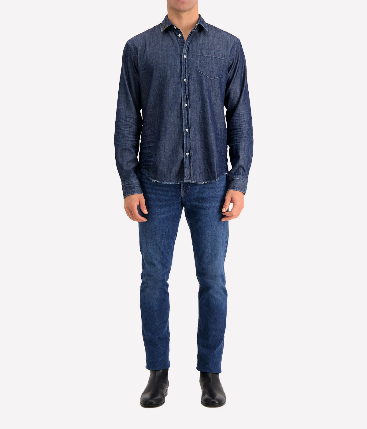 A front view of the Luke Woven Button Down Shirt, showcasing its crisp fabric, button-down collar, and tailored fit.