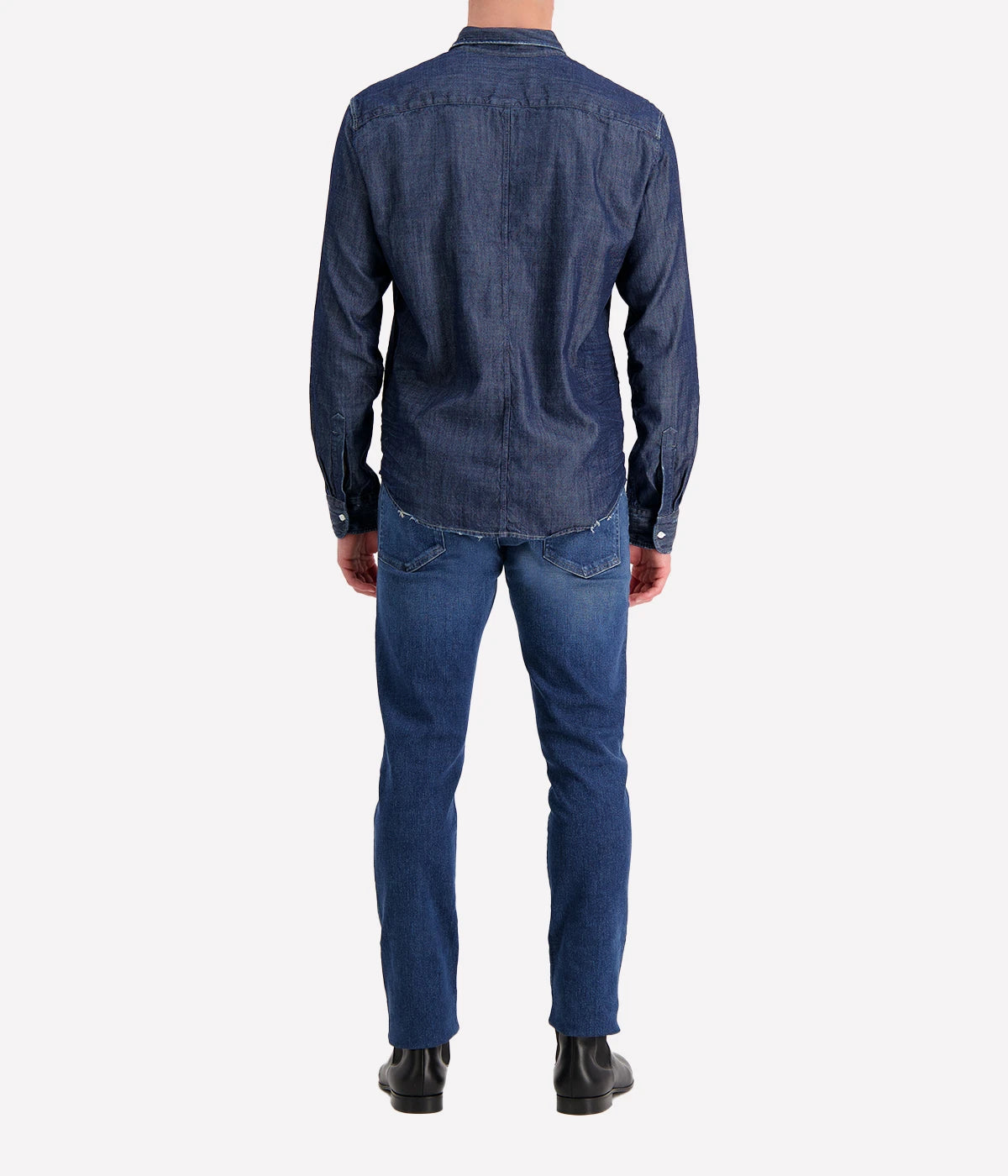 The Luke Raw Rinse Denim Shirt captured from the back, showcasing its simple, structured design with precision stitching and the smooth finish of the raw denim fabric.