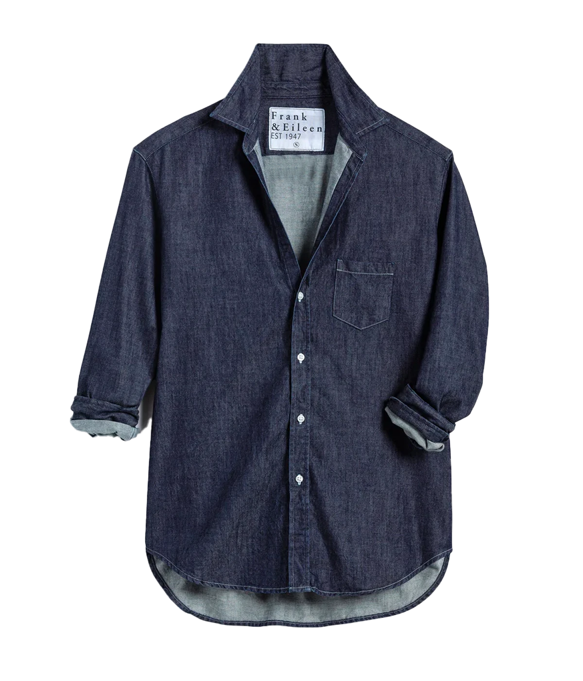 A flat lay of the Luke Raw Rinse Denim Shirt, highlighting its structured button-down design, classic collar, and deep indigo hue, showcasing the sleek, textured denim fabric in a clean and minimal layout.