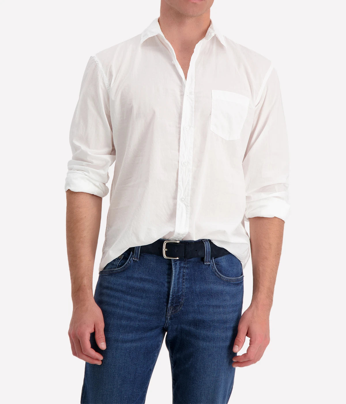 A front view of the Luke Woven Button Down Shirt, showcasing its crisp fabric, button-down collar, and tailored fit.