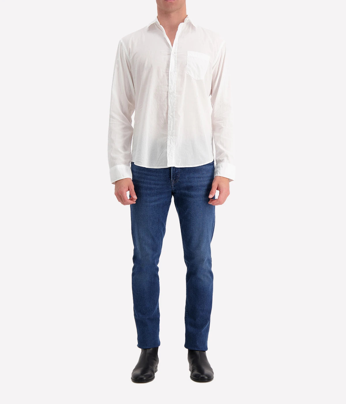 A front view of the Luke Woven Button Down Shirt, showcasing its crisp fabric, button-down collar, and tailored fit.