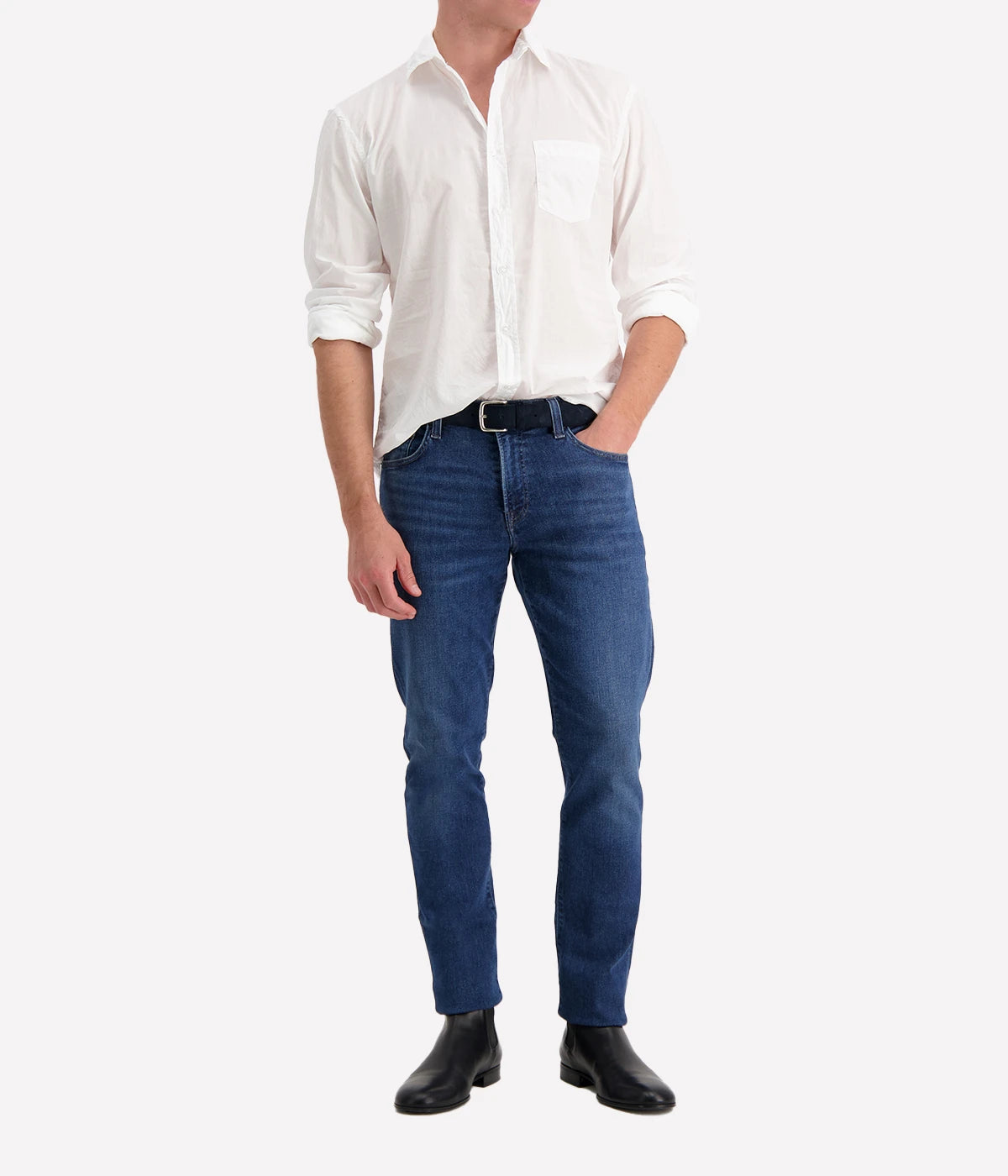 The Luke Woven Button Down Shirt paired with slim trousers and boots, showcasing its effortless sophistication for everyday wear.