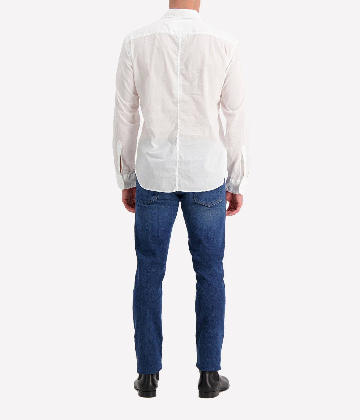 A back view of the Luke Woven Button Down Shirt, featuring its seamless construction and neat yoke detail.