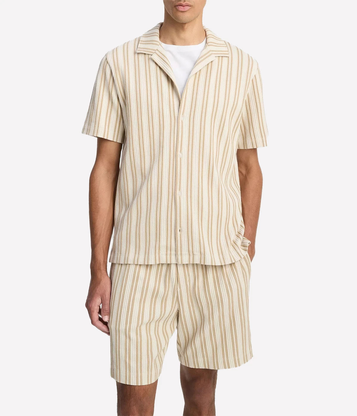 Vince classic-fit button-up shirt with jacquard stripe texture in a soft cotton blend, made in Peru.