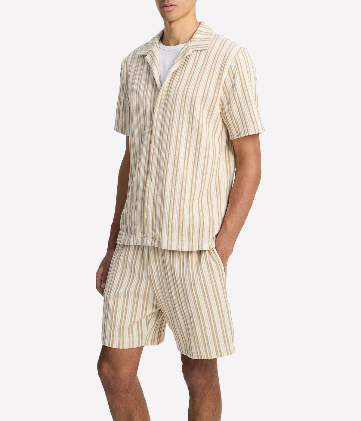 Vince classic-fit button-up shirt with jacquard stripe texture in a soft cotton blend, made in Peru.