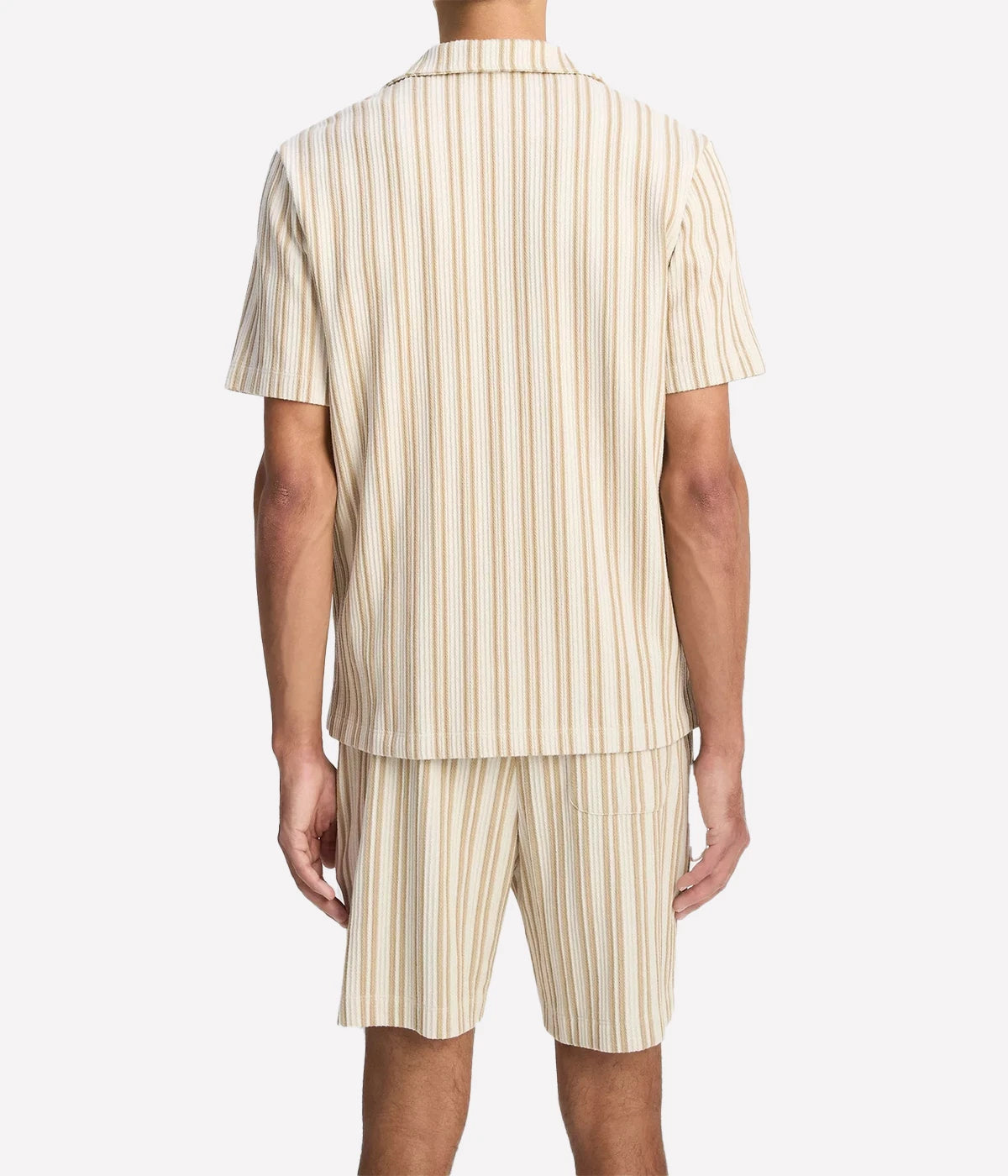 Vince classic-fit button-up shirt with jacquard stripe texture in a soft cotton blend, made in Peru.