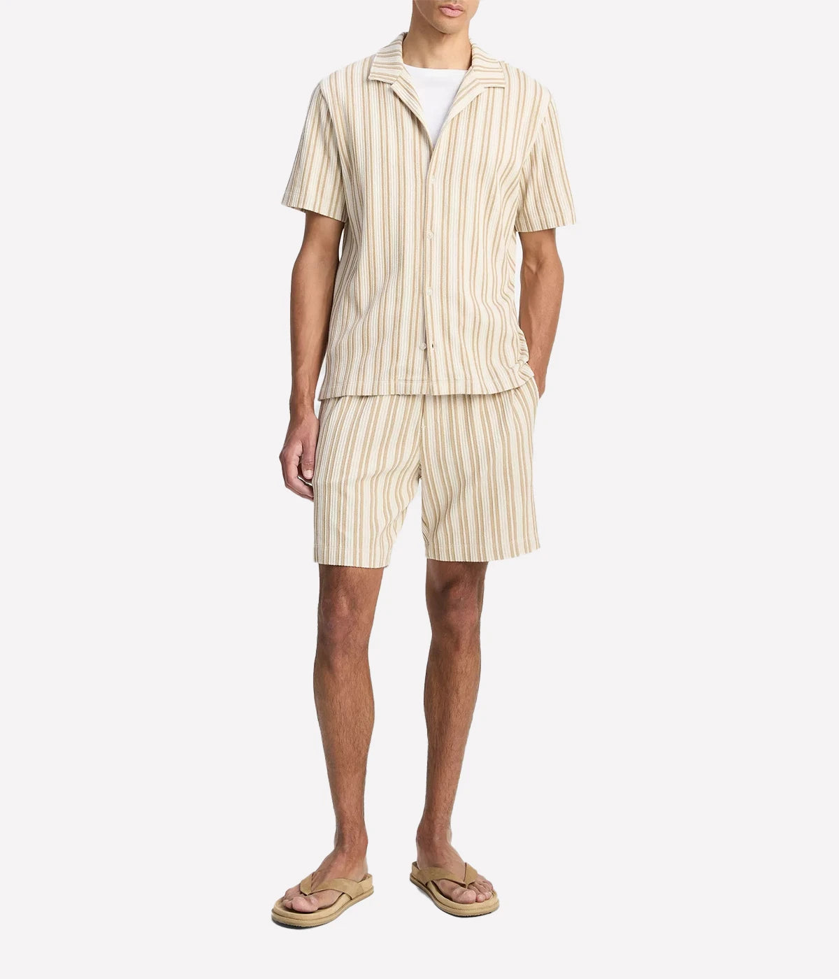 Vince classic-fit button-up shirt with jacquard stripe texture in a soft cotton blend, made in Peru.