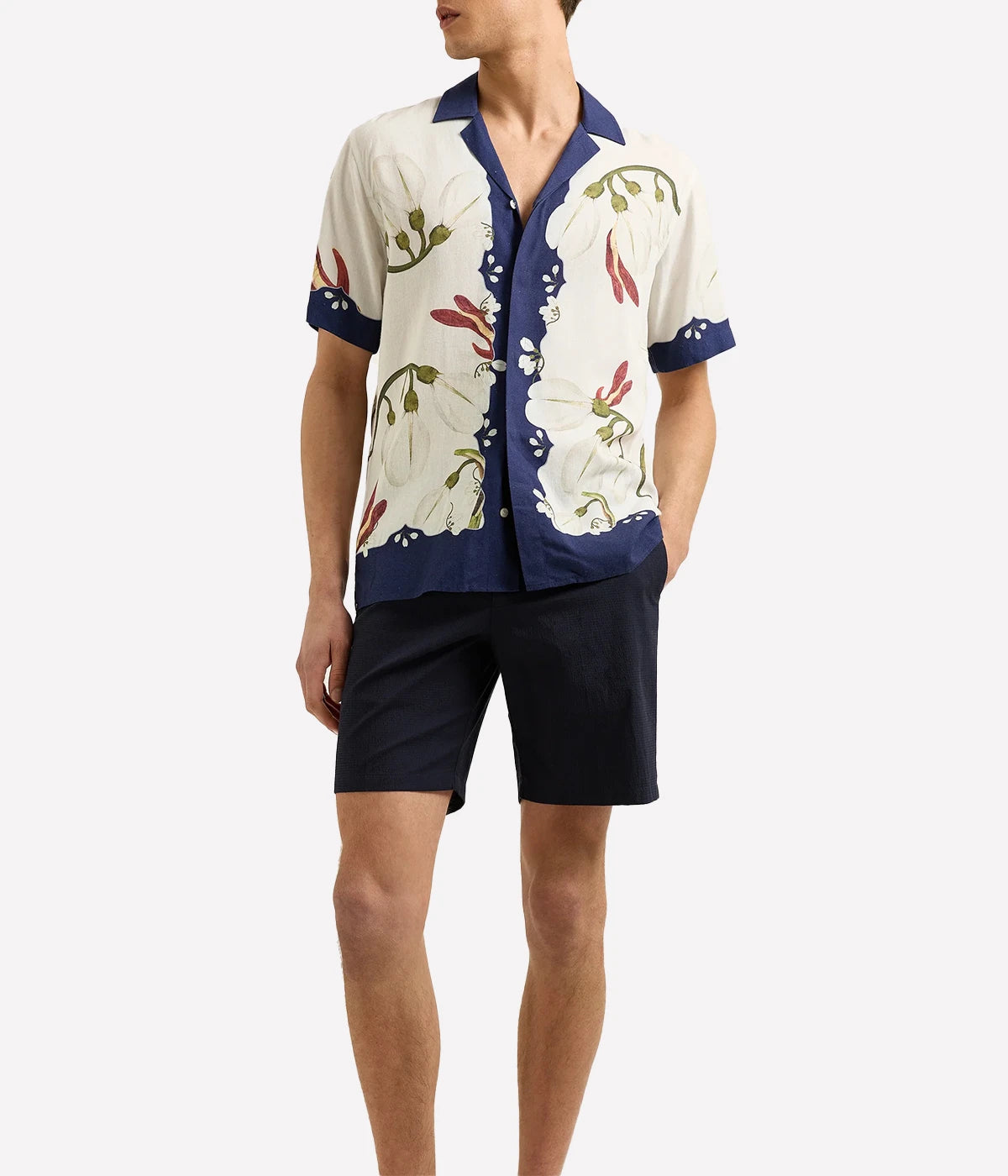 Men’s relaxed short-sleeve linen shirt in Orchis print with Capri collar and concealed placket – lightweight summer shirt featuring exclusive Sarah Graham artwork