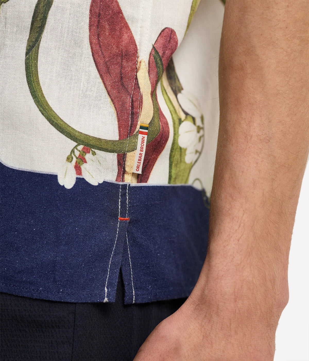 Men’s relaxed short-sleeve linen shirt in Orchis print with Capri collar and concealed placket – lightweight summer shirt featuring exclusive Sarah Graham artwork