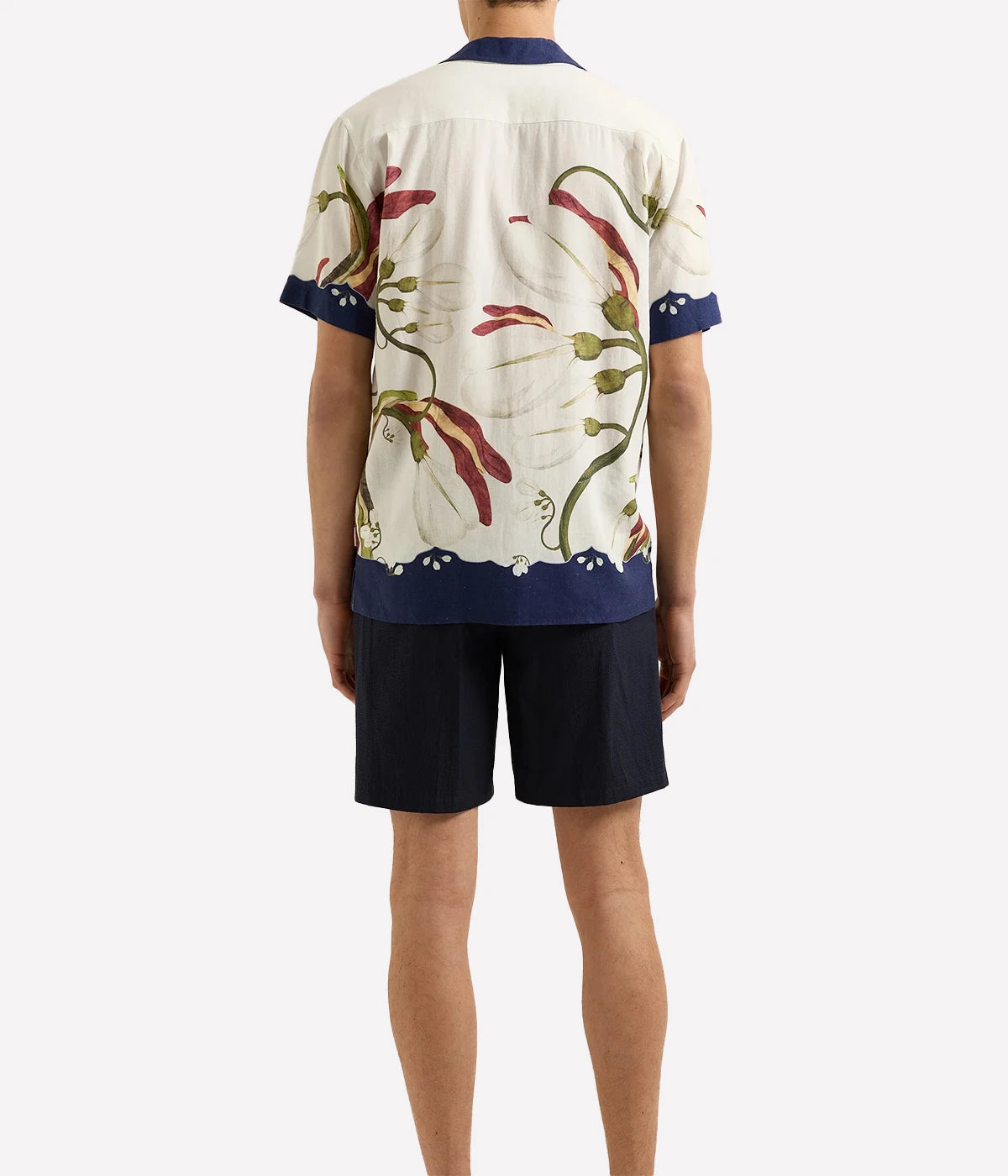 Men’s relaxed short-sleeve linen shirt in Orchis print with Capri collar and concealed placket – lightweight summer shirt featuring exclusive Sarah Graham artwork