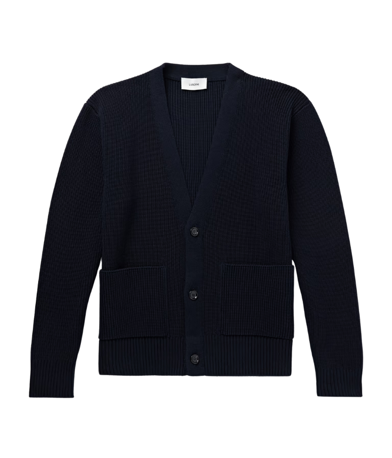 Navy Lardini V-neck cardigan with button front, made from organic cotton in a textured 7-gauge knit.