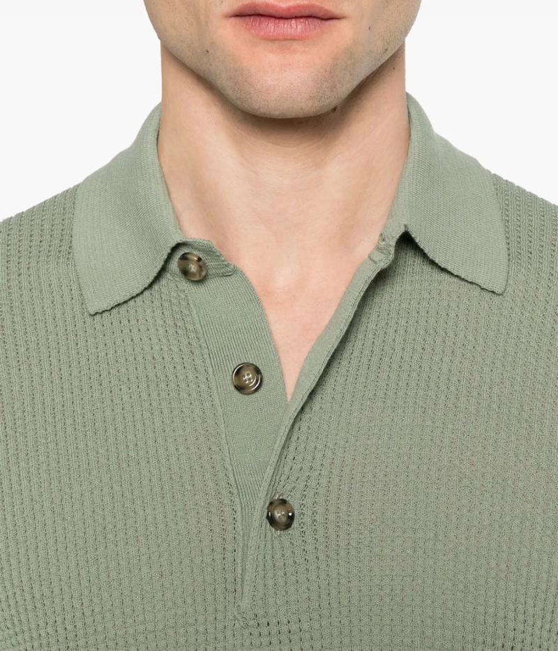 Lardini Moss green waffle-knit short-sleeve polo shirt with buttoned collar and ribbed cuffs and hem, made from 100% cotton.