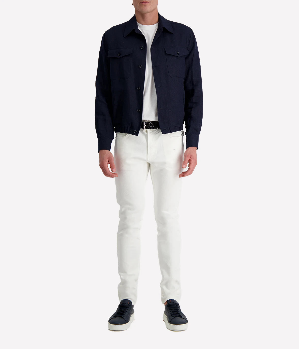 Lardini ‘Attitude’ jacket in dark navy linen blend with button front, flap chest pockets, and elasticated hem, styled over a white tee and white trousers.