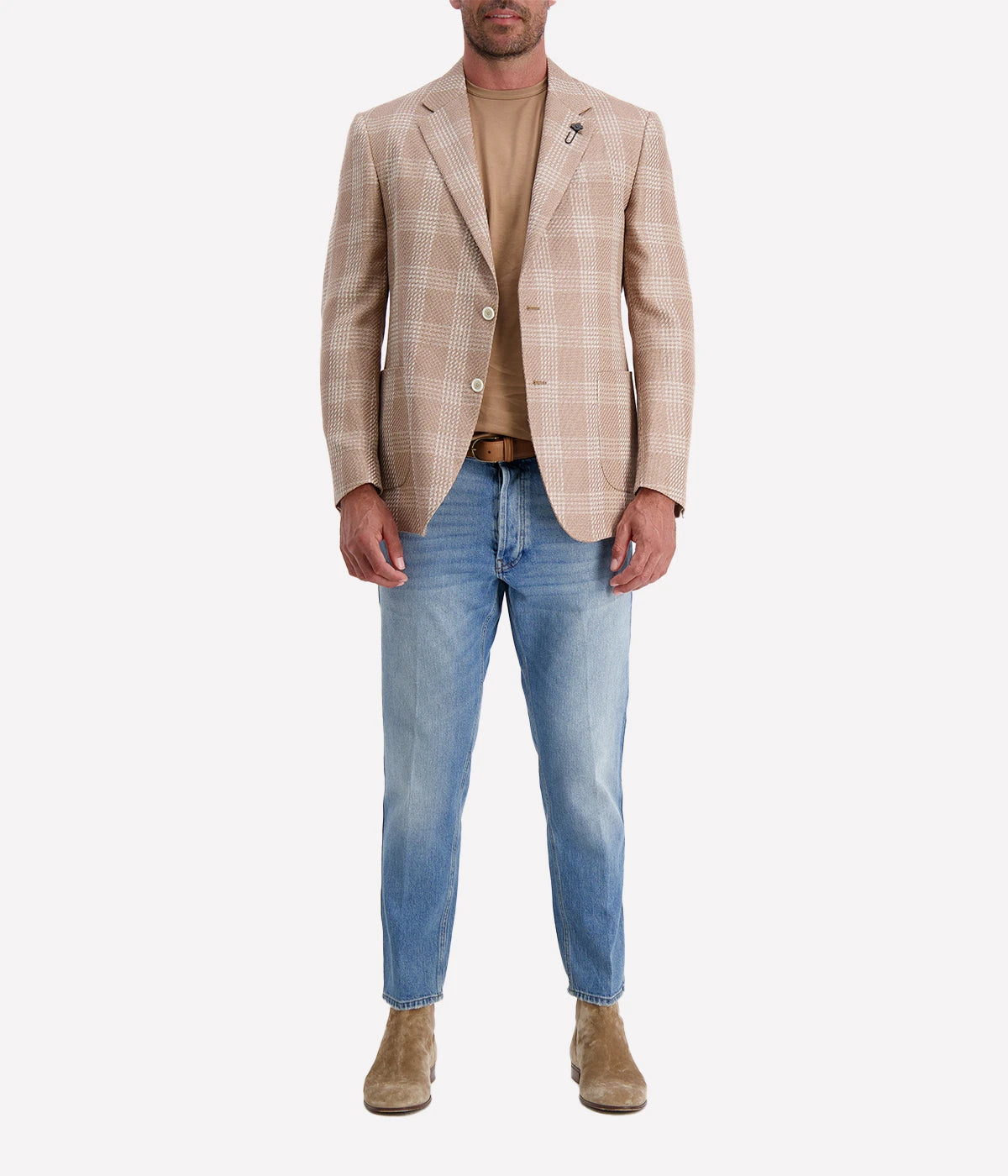 Beige and cream checked Lardini blazer made from a cotton and linen blend, featuring a single-breasted design, signature lapel flower, and a lightweight, half-lined interior.