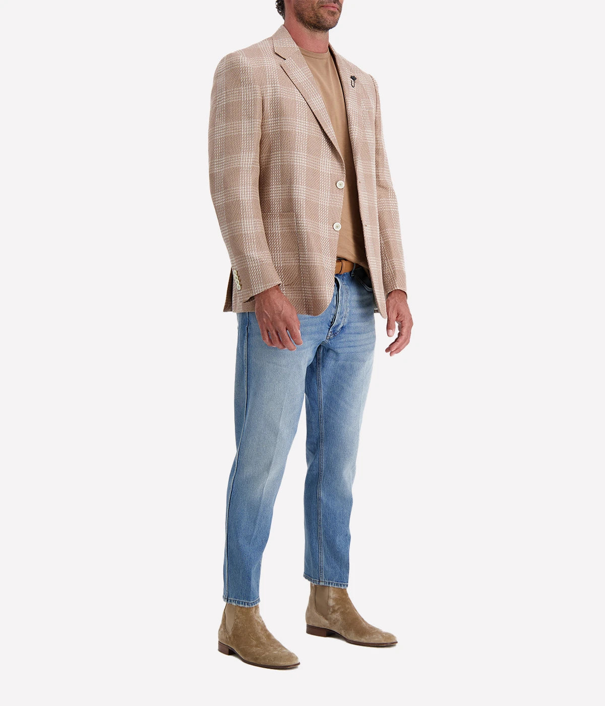 Beige and cream checked Lardini blazer made from a cotton and linen blend, featuring a single-breasted design, signature lapel flower, and a lightweight, half-lined interior.