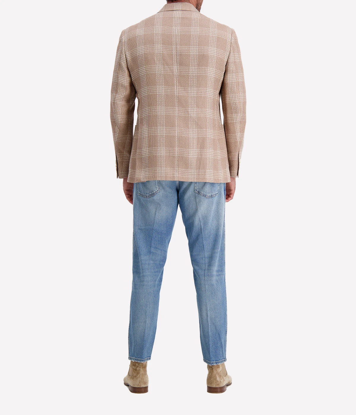 Beige and cream checked Lardini blazer made from a cotton and linen blend, featuring a single-breasted design, signature lapel flower, and a lightweight, half-lined interior.